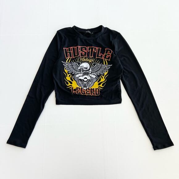 New JULIA Long Sleeve Crop Top Cut Out Detail On Bottom Hem SIZE Small Black - Picture 2 of 9